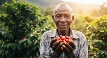 Senior African farmer holding fresh red coffee cherries. Man harvesting coffee beans on a plantation. Agriculture and fair trade concept