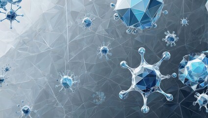 Stunning 3D abstract visualization of blue crystalline virus particles emerging from a geometric network, evoking scientific discovery and medical research.
