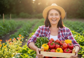 Happy female farmer holding a crate of fresh organic vegetables in a garden. Woman with a successful harvest at sunset. Local food and healthy lifestyle concept