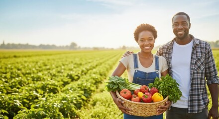 Smiling Black farmer couple holding a basket of fresh vegetables in a field. Man and woman with organic produce at harvest. Healthy eating and sustainable agriculture concept