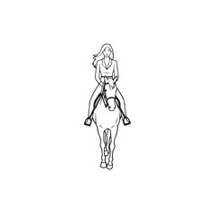 Black and white line art of a beautiful woman with perfect body riding horse elegant minimalist illustration

