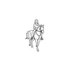 Black and white line art of a beautiful woman with perfect body riding horse elegant minimalist illustration
