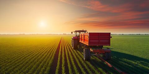 Tractor in agricultural field back perspective during golden hour