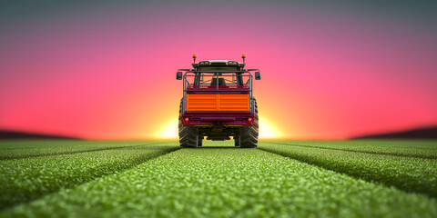 Tractor in agricultural field back perspective during golden hour