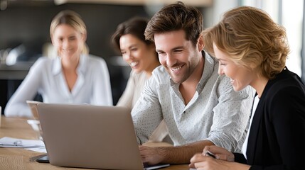 Fototapeta premium Smiling professionals gather around a table, sharing ideas and building connections in a bright office environment