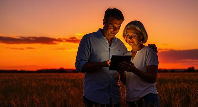 Farmer couple using a digital tablet in a wheat field at sunset. Modern agriculture and smart farming concept. Agritech innovation in the countryside