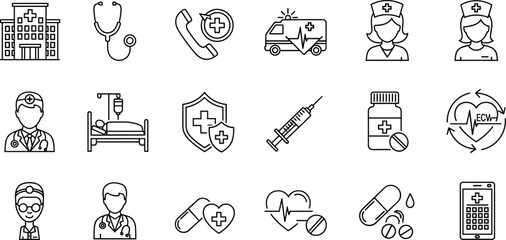 Fototapeta premium Medical Icon Set Line Art of Hospital, Doctor, and Emergency Services