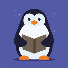 Penguin mascot holding glowing open book symbolizing wisdom and learning in flat vector with new style