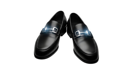 Elegant pair of black leather loafers with silver buckle detail isolated on transparent background, showcasing classic style and sophistication, perfect for formal or business attire, reflecting timel