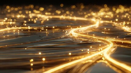 Golden abstract light trails and particles flowing across a dark, undulating surface representing a digital network connection, data transmission, and the futuristic flow of information - Powered by Adobe