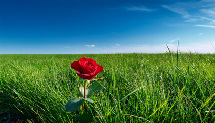 A Solitary Red Rose Blooms In A Vibrant Green Meadow Under A Clear Blue Sky