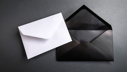 Mockup Featuring A Black Envelope And An Empty White Card Against A Grey Background Ideal For Invitations Or Greetings With Available Copy Space Image