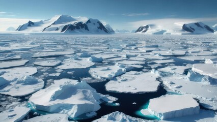 Breathtaking polar landscape showcasing vast ice floes amidst majestic snow-capped mountains under a clear blue sky