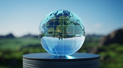 Glowing Holographic Earth Sphere on a Pedestal with Mountain Landscape globe world