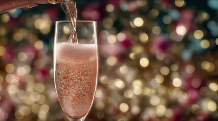 Close up of sparkling rosé being poured into flute against festive background.