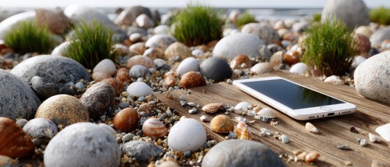 A highly detailed smartphone mockup lays on a bed of rugged rocks, illuminated with cinematic lighting and set against a neutral backdrop