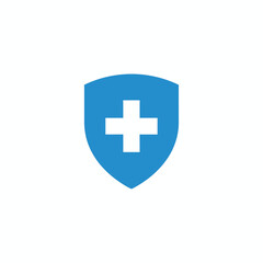 Obraz premium Blue shield icon with a white medical cross, symbolizing health protection, safety, and insurance.