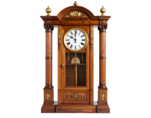 An intricately designed vintage wooden clock featuring ornate details and a classic white clock face.