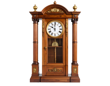 An intricately designed vintage wooden clock featuring ornate details and a classic white clock face.