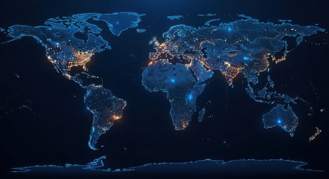Global network of lights showing cities and infrastructure across the world at night