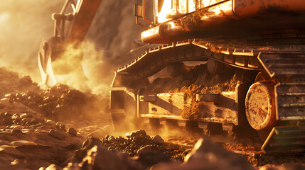 Macro close-up of excavator metal tracks on dirt ground