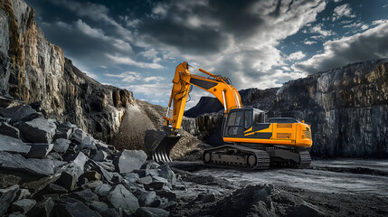 Heavy machinery in quarry with raised bucket and rock backdrop