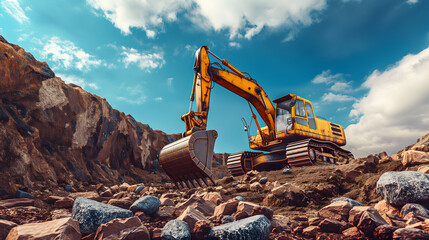Yellow Excavator in Rocky Quarry with Raised Bucket and Cliffs