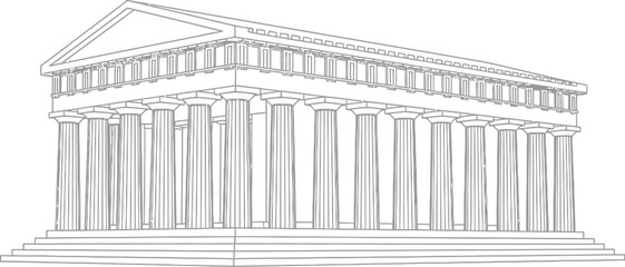 Linear Parthenon Building on a White Background, Ancient Greek Temple
