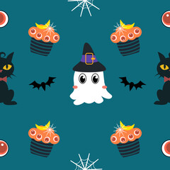 A seamless Halloween pattern featuring pumpkins, bats, ghosts, and spooky elements in festive colors. Perfect for seasonal backgrounds and decorations.