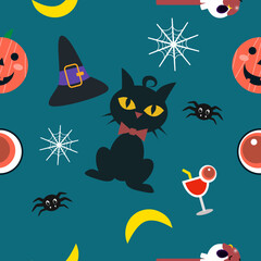 A seamless Halloween pattern featuring pumpkins, bats, ghosts, and spooky elements in festive colors. Perfect for seasonal backgrounds and decorations.