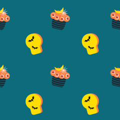 A seamless Halloween pattern featuring pumpkins, bats, ghosts, and spooky elements in festive colors. Perfect for seasonal backgrounds and decorations.