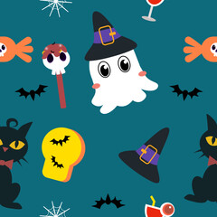 A seamless Halloween pattern featuring pumpkins, bats, ghosts, and spooky elements in festive colors. Perfect for seasonal backgrounds and decorations.