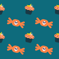 A seamless Halloween pattern featuring pumpkins, bats, ghosts, and spooky elements in festive colors. Perfect for seasonal backgrounds and decorations.