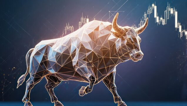 Dynamic abstract bull charges forward against a backdrop of rising stock market charts, symbolizing financial growth and market success.