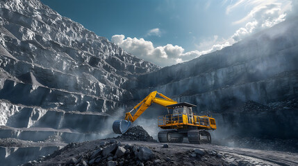 Heavy machinery in quarry with raised bucket and rock backdrop
