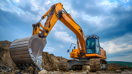Yellow excavator working in stone quarry with steep walls
