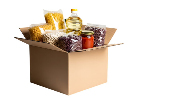 A cardboard box filled with essential food items isolated on transparent background, including pasta, beans, oil, and tomato sauce, representing food donation, charity, and support for those in need