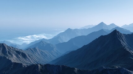 Fototapeta premium Towering Mountain Ranges with Bending and Warping Peaks Overlooking Vast Ocean Horizon