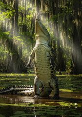 Majestic Alligator Stands Tall in Bayou Paradise Seeking the Sunlight Filtering Through the Trees High Above