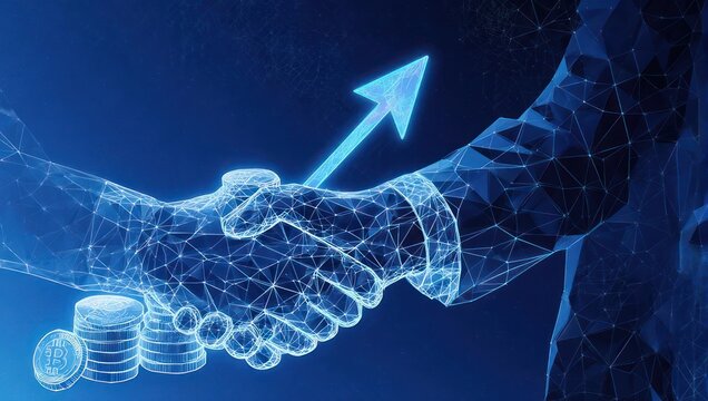 Dynamic digital handshake signifies successful business partnership and financial growth with upward arrow and cryptocurrency coins on blue background