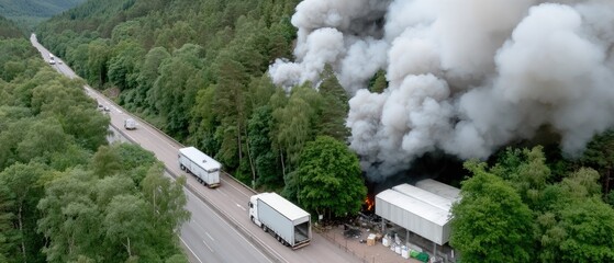 An old truck is blazing in the middle of a winding road, smoke billowing into the sky, with lush mountains in the backdrop.