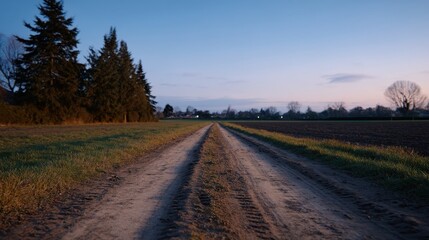 Naklejka premium Lone Dirt Path in Field after Heavy Rain with Caked Mud Under Twilight Sky