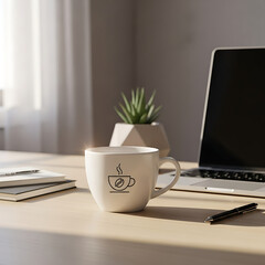 Coffee Mug with Laptop and Notebooks on Wooden Desk in Sunlight