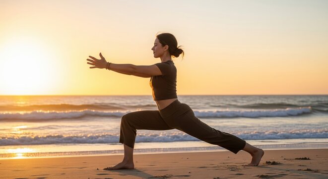 Yoga practice sunset beach location outdoor activity serene environment side view mindfulness concept for wellness