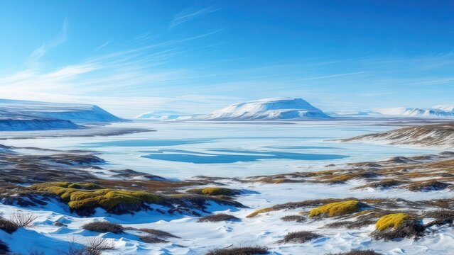 Vast, majestic frozen tundra landscape under a clear blue sky with distant snow-capped mountains and icy water - Powered by Adobe