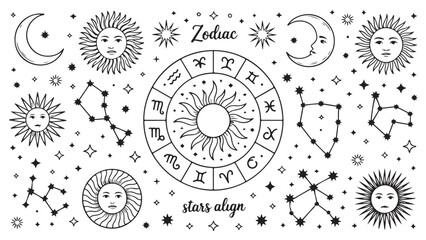 Celestial Zodiac wheel with sun moon stars and constellations representing astrology spirituality and the cosmos