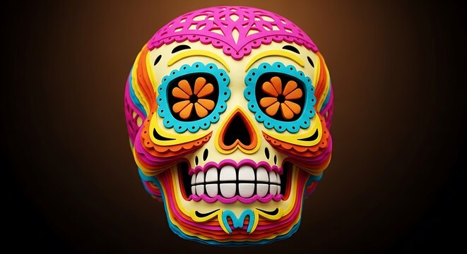 A vibrant, layered sugar skull design showcases intricate details and bright colors against a dark background.
