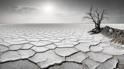 Stark, solitary dead tree stands defiantly on cracked earth under a vast, bright sky, evoking resilience and desolation
