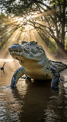 Nile Crocodile Emerges from Water in Forest at Dawn with Fog and Sun Rays Breaking Through the Trees