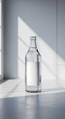 Clear Glass Water Bottle with Blank Label on White Minimalist Background